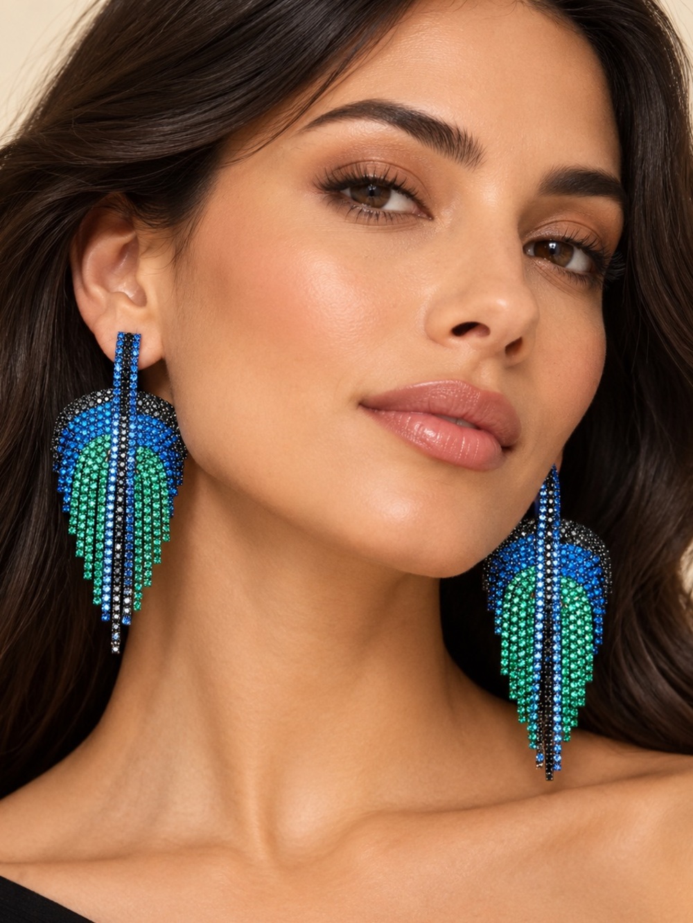 Blue Green Crystal Fringe Earrings